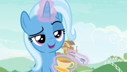 Size: 1920x1080 | Tagged: safe, imported from derpibooru, screencap, trixie, pony, unicorn, student counsel, cup, female, magic, magic aura, mare, solo, teacup, teaspoon, telekinesis, that pony sure does love teacups