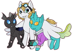 Size: 1000x702 | Tagged: safe, artist:starbeli, imported from derpibooru, urtica, oc, oc:ghini, oc:willa, changedling, changeling, pegasus, pony, changeling and changedling, clothes, cute, female, male, sweater