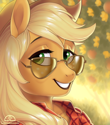 Size: 990x1125 | Tagged: safe, artist:ladychimaera, imported from derpibooru, applejack, anthro, earth pony, apple tree, applejack's hat, bust, clothes, cottagecore, cowboy hat, female, flannel shirt, freckles, grin, hat, looking at you, shirt, smiling, solo, sunglasses, tree