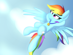 Size: 1600x1200 | Tagged: safe, artist:nevaylin, imported from derpibooru, rainbow dash, pegasus, pony, cloud, female, flying, hooves behind head, lidded eyes, mare, medal, newbie artist training grounds, relaxing, sky, smiling, solo