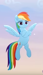 Size: 295x513 | Tagged: safe, imported from derpibooru, screencap, rainbow dash, pegasus, pony, rainbow roadtrip, cropped, crossed hooves, female, flying, mare, smiling, smirk, smug, solo, spread wings, wings
