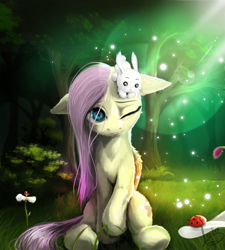 Size: 1080x1200 | Tagged: safe, artist:thatdreamerarts, imported from derpibooru, angel bunny, fluttershy, ladybug, pegasus, pony, cute, duo, flower, forest, one eye closed, sad, sadorable, shyabetes, sitting on head, tree