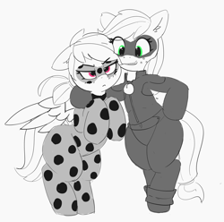 Size: 3583x3554 | Tagged: safe, artist:pabbley, imported from derpibooru, applejack, rainbow dash, earth pony, pegasus, pony, semi-anthro, angry, bipedal, clothes, cosplay, costume, female, floppy ears, freckles, human shoulders, mare, miraculous ladybug, monochrome, neo noir, partial color, smiling, unamused