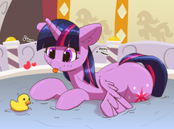 Size: 3446x2570 | Tagged: safe, artist:pabbley, imported from derpibooru, twilight sparkle, alicorn, pony, :p, bath, cute, female, happy, heart, humming, mare, playing, rubber duck, smiling, solo, spa, tongue out, toy, twiabetes, twilight sparkle (alicorn), water, wet, wet mane