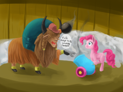 Size: 1600x1200 | Tagged: safe, artist:usager, imported from derpibooru, pinkie pie, oc, oc:jack, earth pony, pony, yak, cannonball, cloven hooves, duo, female, male, mare, party cannon, wrench