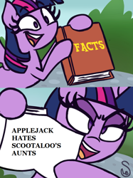 Size: 760x1015 | Tagged: safe, artist:quarium edits, imported from derpibooru, applejack, twilight sparkle, alicorn, the last crusade, 2 panel comic, caption, comic, comments locked down, drama, ed edd n eddy, exploitable meme, glare, implied aunt holiday, implied auntie lofty, meme, mouthpiece, op is a duck, op is making shit up, op is on drugs, op is trying to start shit, scootaloo's aunts drama, text, twilight sparkle (alicorn), twilight's fact book