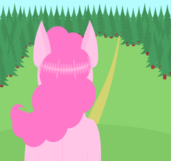 Size: 3000x2819 | Tagged: safe, artist:alltimemine, imported from derpibooru, pinkie pie, earth pony, pony, back, female, forest, inkscape, lineless, mare, pine tree, rear view, road, solo, tree, vector