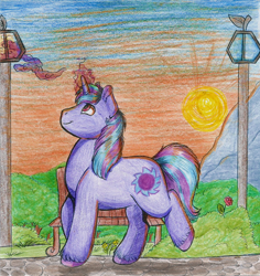 Size: 1114x1178 | Tagged: safe, artist:69beas, imported from derpibooru, oc, oc only, pony, unicorn, bench, bush, flower, grass, lamp, magic, magic aura, male, morning, smiling, solo, stallion, traditional art, walking