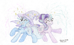 Size: 4210x2575 | Tagged: safe, artist:kirbyliscious, imported from derpibooru, starlight glimmer, trixie, pony, unicorn, duo, duo female, female, grin, mare, raised hoof, smiling, sparkles, traditional art