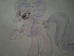 Size: 2016x1512 | Tagged: safe, artist:straighttothepointstudio, edit, imported from derpibooru, petunia petals, earth pony, pony, rainbow roadtrip, colored, cute, drawing, female, glasses, long mane, mare, petalbetes, raised hoof, smiling, solo, traditional art