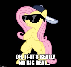 Size: 529x499 | Tagged: artist needed, safe, imported from derpibooru, fluttershy, pegasus, pony, backwards ballcap, baseball cap, bipedal, black background, cap, caption, crossed arms, deal with it, female, hat, image macro, imgflip, mare, meme, open mouth, simple background, solo, sunglasses, swag, text