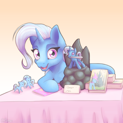 Size: 2000x2000 | Tagged: safe, artist:ohemo, imported from derpibooru, trixie, pony, unicorn, atg 2019, book, convention, cute, figurine, looking at you, mouth hold, narcissism, newbie artist training grounds, open mouth, smiling, sword, table, weapon