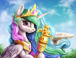 Size: 4320x3279 | Tagged: safe, artist:rysunkowasucharia, imported from derpibooru, princess celestia, alicorn, pony, atg 2019, award, cake, cakelestia, collar, crown, crumbs, cute, cutelestia, female, food, jewelry, mare, necklace, newbie artist training grounds, regalia, smiling, solo, table, trophy