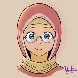 Size: 572x571 | Tagged: safe, artist:tehwatever, imported from derpibooru, desert flower, human, bust, clip studio paint, clothes, cute, digital art, glasses, hijab, humanized, meganekko, scarf, signature, simple background, skullcap, solo, somnambula resident