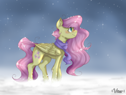 Size: 2048x1536 | Tagged: safe, artist:valiantstar00, imported from derpibooru, fluttershy, pegasus, pony, clothes, ear fluff, female, folded wings, looking at something, mare, profile, scarf, smiling, snow, snowfall, solo, standing, wings, winter, winter outfit