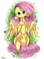 Size: 1800x2400 | Tagged: safe, artist:valiantstar00, imported from derpibooru, fluttershy, pegasus, pony, blushing, chest fluff, female, floppy ears, flower, grass, head tilt, hooves to the chest, looking at you, mare, on back, smiling, solo, spread wings, underhoof, wings