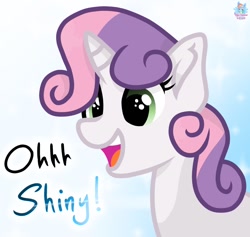 Size: 1072x1017 | Tagged: safe, artist:rainbow eevee, imported from derpibooru, sweetie belle, pony, unicorn, amazed, cute, dialogue, diasweetes, female, filly, girl scout troop 1473, ohh shiny!, open mouth, shiny, simple background, smiling, solo, sparkles, white background