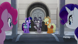 Size: 1366x766 | Tagged: safe, imported from derpibooru, screencap, applejack, pinkie pie, rarity, twilight sparkle, alicorn, pony, rainbow roadtrip, book, desaturated, discovery family logo, door, grayscale, hope hollow, hotel, monochrome, saddle bag, twilight sparkle (alicorn)