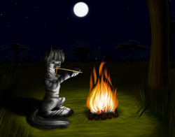 Size: 900x704 | Tagged: safe, artist:kira-minami, imported from derpibooru, oc, oc only, pony, zebra, campfire, chest fluff, flute, hoof hold, male, moon, musical instrument, night, sitting, solo, unshorn fetlocks, zebra oc