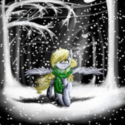 Size: 1000x1000 | Tagged: safe, artist:kira-minami, imported from derpibooru, derpy hooves, pegasus, pony, clothes, female, forest, mare, scarf, smiling, snow, snowfall, solo, spread wings, tree, wings