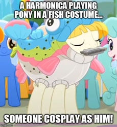 Size: 500x547 | Tagged: safe, edit, edited screencap, imported from derpibooru, screencap, kersplash, rainbow trout (character), earth pony, pony, rainbow roadtrip, animal costume, background pony, bronybait, caption, clothes, cosplay, costume, cropped, eyes closed, female, fish costume, harmonica, image macro, impact font, male, mare, maybe salmon, meme, musical instrument, playing instrument, puns in the comments, rainbow trout (g4), solo focus, stallion, text, unnamed character, unnamed pony