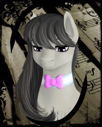 Size: 900x1125 | Tagged: safe, artist:kira-minami, imported from derpibooru, octavia melody, earth pony, pony, bowtie, bust, female, looking at you, mare, portrait, sheet music, smiling, solo