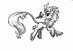 Size: 2947x2091 | Tagged: safe, artist:tinybenz, imported from derpibooru, autumn blaze, butterfly, kirin, grayscale, monochrome, quadrupedal, simple background, sketch, smiling, traditional art, white background