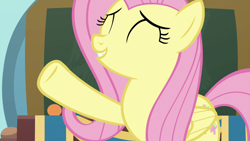 Size: 1280x720 | Tagged: safe, imported from derpibooru, screencap, fluttershy, pegasus, pony, she's all yak, eyes closed, female, mare, raised hoof, solo