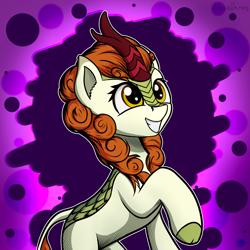 Size: 3100x3100 | Tagged: safe, artist:adagiostring, imported from derpibooru, autumn blaze, kirin, abstract background, awwtumn blaze, commission, cute, female, grin, raised hoof, smiling, solo