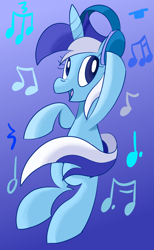 Size: 1104x1788 | Tagged: safe, artist:notadeliciouspotato, imported from derpibooru, minuette, pony, unicorn, abstract background, bipedal, female, headphones, mare, music notes, smiling, solo