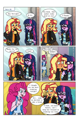 Size: 2650x4096 | Tagged: safe, artist:verumteednp, deleted from derpibooru, imported from derpibooru, pinkie pie, sci-twi, sunset shimmer, twilight sparkle, comic:sparkling shimmer, equestria girls, clothes, dialogue, female, geode of empathy, geode of sugar bombs, geode of telekinesis, glasses, lesbian, magical geodes, scitwishimmer, shipping, speech bubble, sunsetsparkle