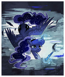 Size: 918x1080 | Tagged: safe, artist:nancy-05, imported from derpibooru, princess luna, alicorn, pony, both cutie marks, female, flying, magic, mare, solo, telekinesis, wand