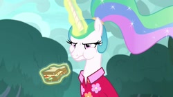 Size: 1920x1080 | Tagged: safe, imported from derpibooru, screencap, princess celestia, pony, between dark and dawn, alternate hairstyle, aweeg*, celestia is not amused, clothes, cute, female, food, hawaiian shirt, madorable, magic, mare, ponytail, sandwich, shirt, solo, unamused