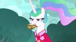 Size: 1920x1080 | Tagged: safe, imported from derpibooru, screencap, princess celestia, pony, between dark and dawn, alternate hairstyle, clothes, female, food, hawaiian shirt, mare, nom, ponytail, sandwich, shirt, solo