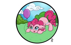 Size: 1280x820 | Tagged: safe, artist:dawn-designs-art, imported from derpibooru, pinkie pie, earth pony, pony, balloon, circle, female, happy, solo