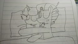 Size: 5312x2992 | Tagged: safe, artist:徐詩珮, imported from derpibooru, fizzlepop berrytwist, spring rain, tempest shadow, pony, unicorn, broken horn, female, horn, lesbian, lineart, mare, onomatopoeia, shipping, sleeping, sound effects, springshadow, traditional art, zzz