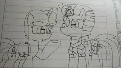 Size: 5312x2992 | Tagged: safe, artist:徐詩珮, imported from derpibooru, fizzlepop berrytwist, spring rain, tempest shadow, pony, unicorn, broken horn, female, horn, lesbian, lineart, mare, shipping, springshadow, traditional art