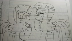 Size: 5312x2992 | Tagged: safe, artist:徐詩珮, imported from derpibooru, fizzlepop berrytwist, spring rain, tempest shadow, pony, unicorn, broken horn, female, horn, lesbian, lineart, mare, shipping, springshadow, traditional art