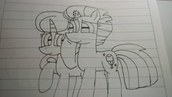 Size: 5312x2992 | Tagged: safe, artist:徐詩珮, imported from derpibooru, fizzlepop berrytwist, glitter drops, tempest shadow, pony, unicorn, broken horn, female, glittershadow, horn, lesbian, lineart, mare, shipping, traditional art