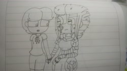 Size: 5312x2992 | Tagged: safe, artist:徐詩珮, imported from derpibooru, fizzlepop berrytwist, spring rain, tempest shadow, equestria girls, crying, equestria girls-ified, female, lesbian, lineart, shipping, springshadow, traditional art