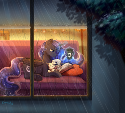 Size: 1280x1159 | Tagged: dead source, safe, artist:evomanaphy, imported from derpibooru, oc, oc only, oc:midnight, alicorn, cat, pony, alicorn oc, book, couch, lidded eyes, not luna, parent:luna, parent:princess luna, rain, smiling, solo, window