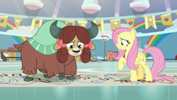 Size: 1920x1080 | Tagged: safe, imported from derpibooru, screencap, fluttershy, yona, pegasus, pony, yak, she's all yak, bow, cloven hooves, duo, female, hair bow, mare, monkey swings