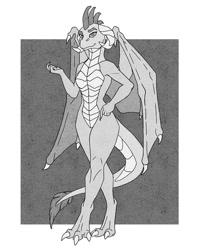 Size: 790x1000 | Tagged: safe, artist:akweer, imported from derpibooru, princess ember, dragon, abstract background, claws, female, monochrome, sketch, smiling, solo, standing, wings