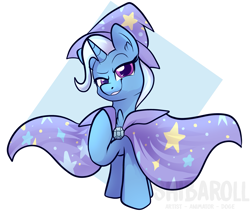 Size: 2517x2124 | Tagged: safe, artist:shibaroll, imported from derpibooru, trixie, pony, unicorn, abstract background, cape, clothes, female, hat, mare, newbie artist training grounds, signature, smiling, smirk, solo