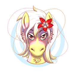 Size: 1185x1185 | Tagged: artist needed, safe, imported from derpibooru, oc, oc:carmen garcía, earth pony, pony, bust, flower, flower in hair, fluffy, looking at you, portrait