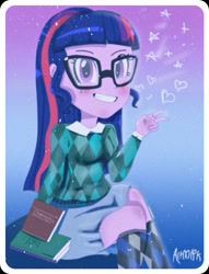 Size: 696x913 | Tagged: safe, alternate version, artist:artmlpk, imported from derpibooru, sci-twi, twilight sparkle, equestria girls, big smile, blushing, book, chic, clothes, cute, female, looking at you, nerd, nerdy, noise, old school, old timey, older, peace sign, smiley face, smiling, socks, solo, twiabetes, uniform