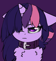 Size: 1084x1192 | Tagged: safe, artist:duop-qoub, imported from derpibooru, twilight sparkle, alicorn, pony, descended twilight, alternate hairstyle, collar, female, floppy ears, solo, twilight is not amused, twilight sparkle (alicorn), twilight sparkle is not amused, unamused