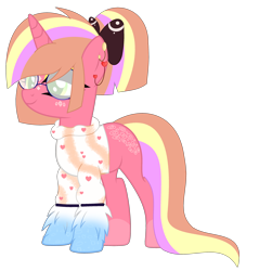 Size: 2878x3008 | Tagged: safe, artist:lazuli, artist:mint-light, artist:rukemon, imported from derpibooru, oc, oc only, oc:pink prada, pony, unicorn, base used, bow, clothes, commission, ear piercing, earring, eyeshadow, female, glasses, hair bow, jewelry, makeup, mare, markings, piercing, simple background, solo, sweater, transparent background