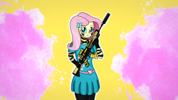 Size: 2560x1440 | Tagged: safe, artist:twa1kaart, artist:twilyshimmer, imported from derpibooru, fluttershy, equestria girls, equestria girls series, badass, counter-strike, cute, cute face, female, flutterbadass, gun, looking at you, sg 556, silencer, solo, wallpaper, weapon