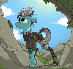 Size: 1047x991 | Tagged: safe, artist:sinrar, imported from derpibooru, oc, oc only, oc:tireless tracker, earth pony, pony, armor, clothes, commission, explorer outfit, exploring, male, solo, stallion